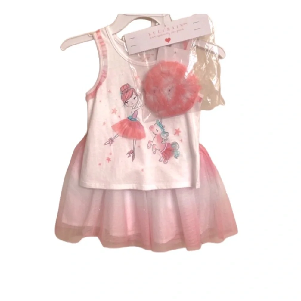 LULURAIN Girl's 3 Piece Tulle S/L Set Tulle Matching Crossbody Bag Size 4 NEW